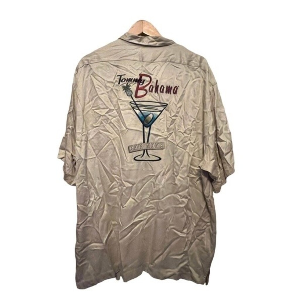 Tommy Bahama polo martini glass bar none embroidery tan Hawaiian button shirt XL